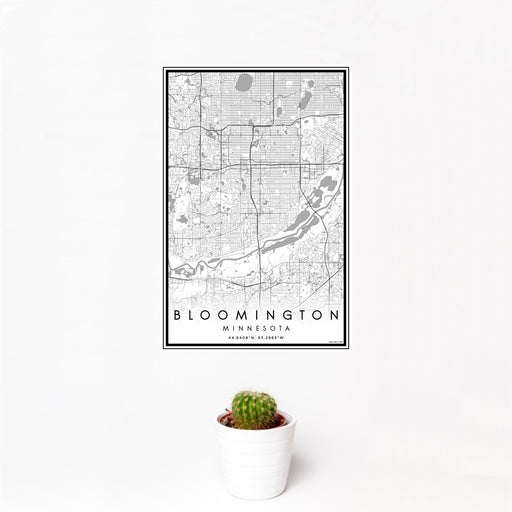 12x18 Bloomington Minnesota Map Print Portrait Orientation in Classic Style With Small Cactus Plant in White Planter
