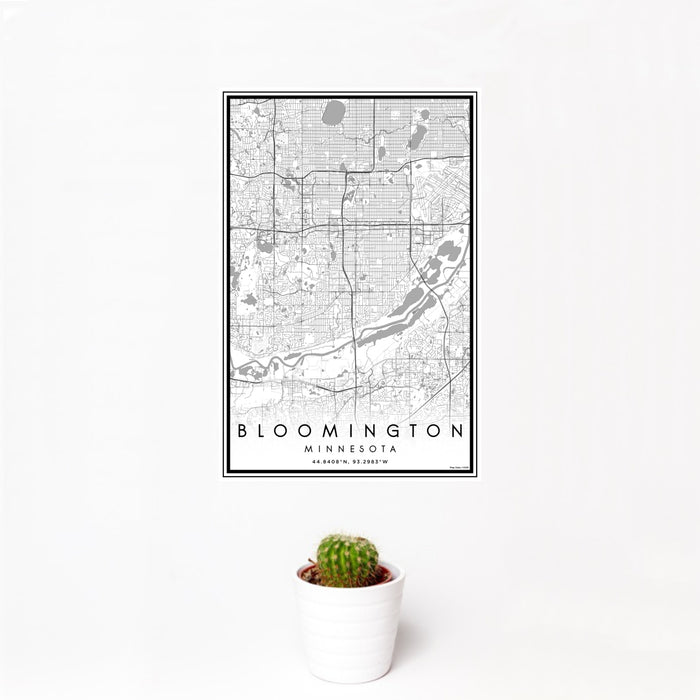 12x18 Bloomington Minnesota Map Print Portrait Orientation in Classic Style With Small Cactus Plant in White Planter