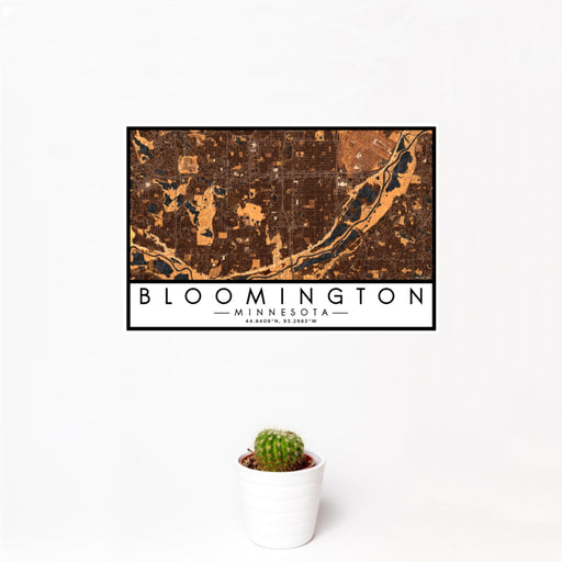 12x18 Bloomington Minnesota Map Print Landscape Orientation in Ember Style With Small Cactus Plant in White Planter
