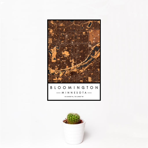 12x18 Bloomington Minnesota Map Print Portrait Orientation in Ember Style With Small Cactus Plant in White Planter
