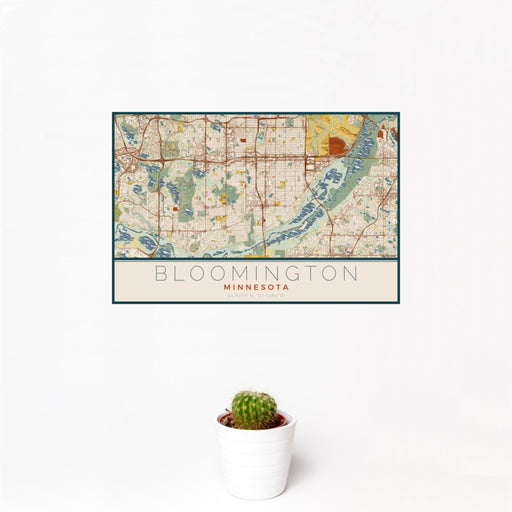 12x18 Bloomington Minnesota Map Print Landscape Orientation in Woodblock Style With Small Cactus Plant in White Planter