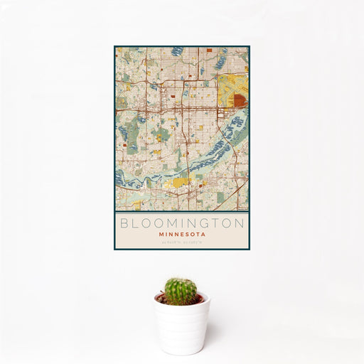 12x18 Bloomington Minnesota Map Print Portrait Orientation in Woodblock Style With Small Cactus Plant in White Planter