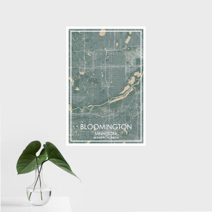 16x24 Bloomington Minnesota Map Print Portrait Orientation in Afternoon Style With Tropical Plant Leaves in Water