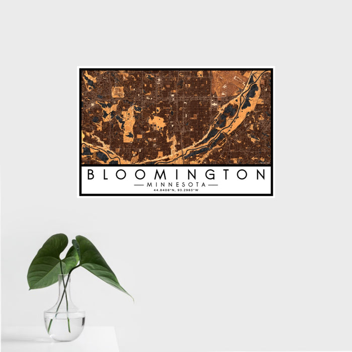 16x24 Bloomington Minnesota Map Print Landscape Orientation in Ember Style With Tropical Plant Leaves in Water