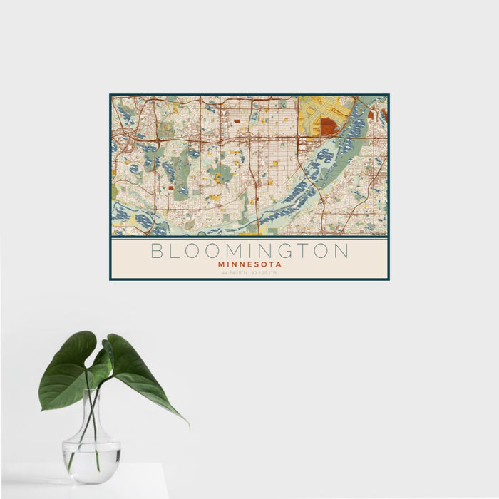 16x24 Bloomington Minnesota Map Print Landscape Orientation in Woodblock Style With Tropical Plant Leaves in Water