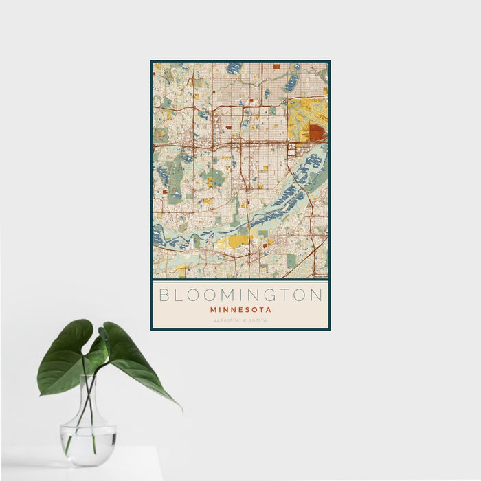 16x24 Bloomington Minnesota Map Print Portrait Orientation in Woodblock Style With Tropical Plant Leaves in Water