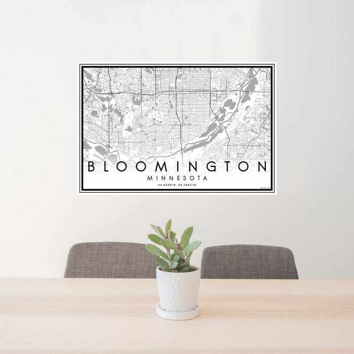 24x36 Bloomington Minnesota Map Print Lanscape Orientation in Classic Style Behind 2 Chairs Table and Potted Plant