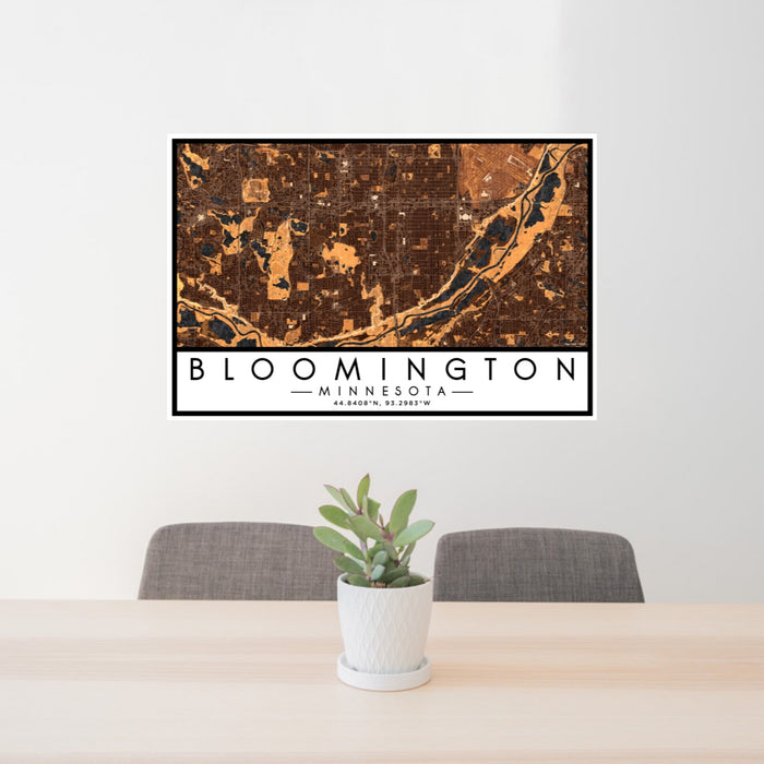 24x36 Bloomington Minnesota Map Print Lanscape Orientation in Ember Style Behind 2 Chairs Table and Potted Plant
