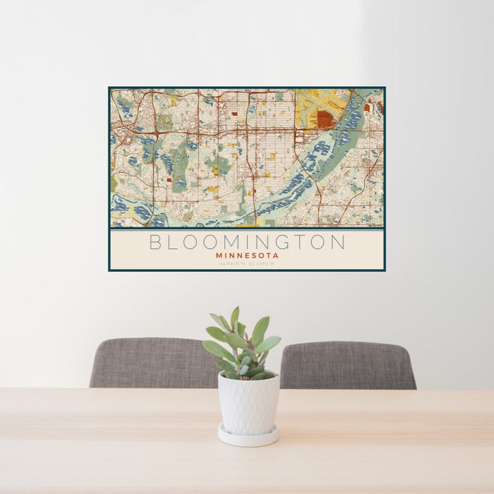 24x36 Bloomington Minnesota Map Print Lanscape Orientation in Woodblock Style Behind 2 Chairs Table and Potted Plant