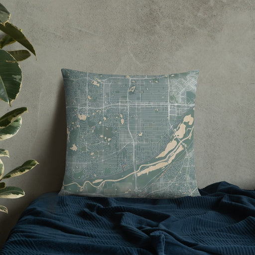 Custom Bloomington Minnesota Map Throw Pillow in Afternoon on Bedding Against Wall