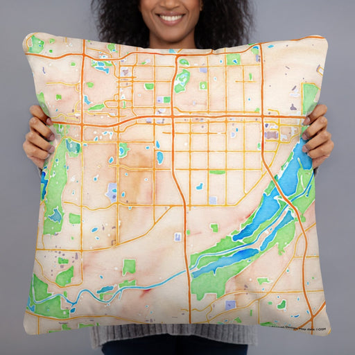 Person holding 22x22 Custom Bloomington Minnesota Map Throw Pillow in Watercolor
