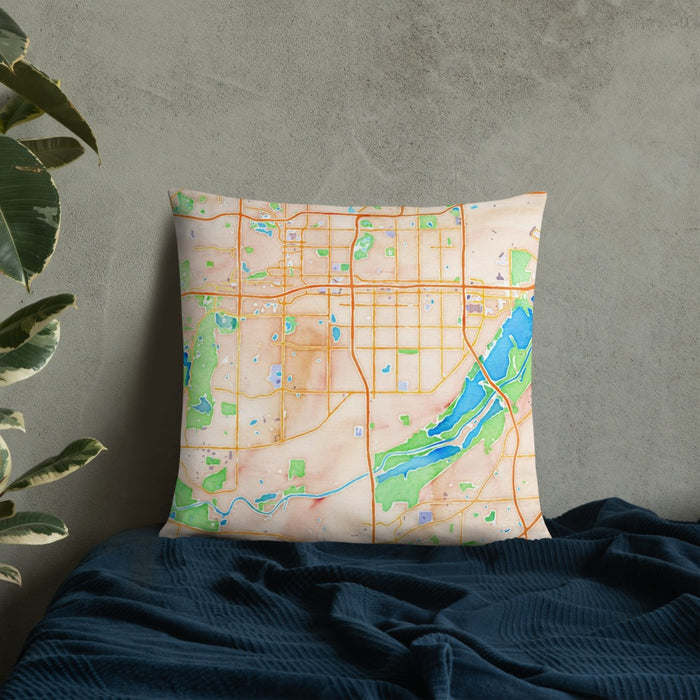 Custom Bloomington Minnesota Map Throw Pillow in Watercolor on Bedding Against Wall