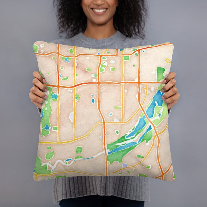 Person holding 18x18 Custom Bloomington Minnesota Map Throw Pillow in Watercolor