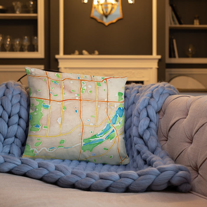 Custom Bloomington Minnesota Map Throw Pillow in Watercolor on Cream Colored Couch