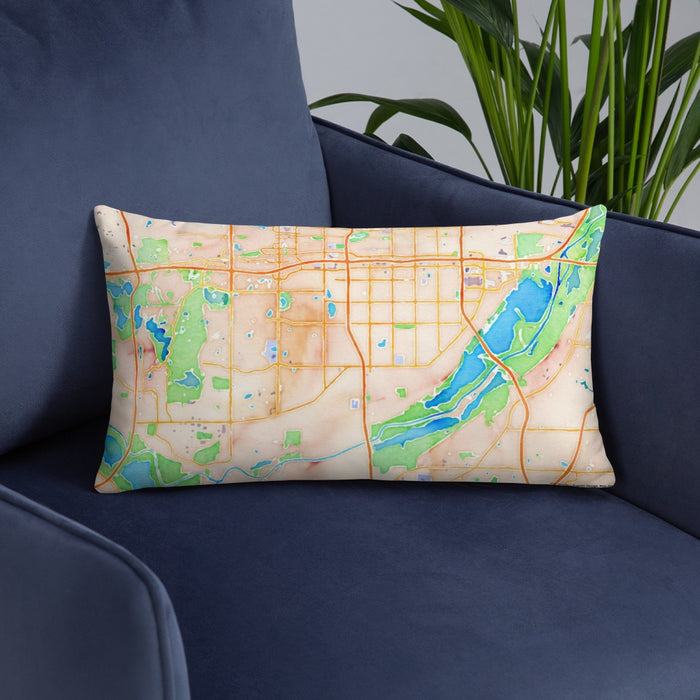 Custom Bloomington Minnesota Map Throw Pillow in Watercolor on Blue Colored Chair