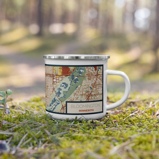 Right View Custom Bloomington Minnesota Map Enamel Mug in Woodblock on Grass With Trees in Background