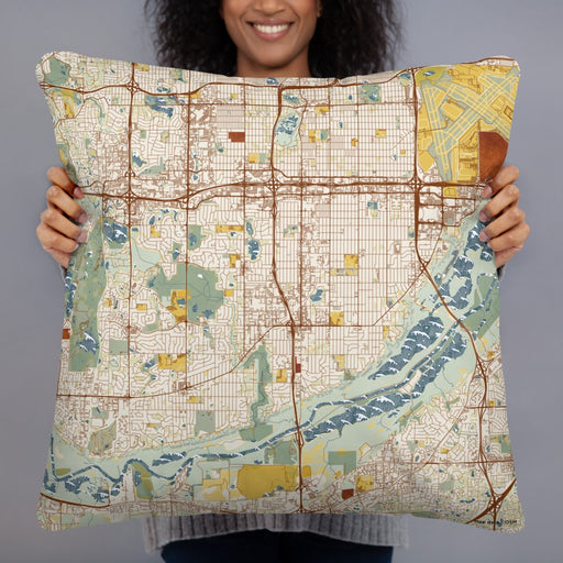 Person holding 22x22 Custom Bloomington Minnesota Map Throw Pillow in Woodblock