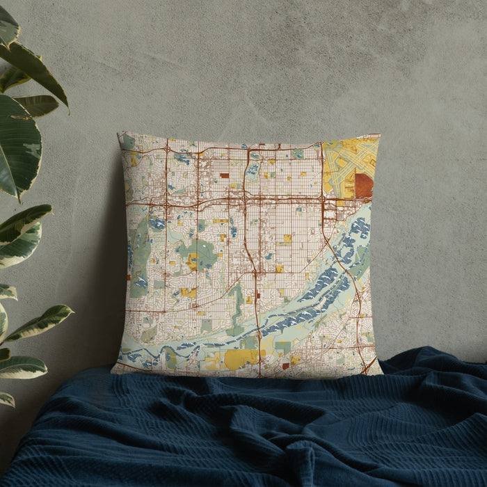 Custom Bloomington Minnesota Map Throw Pillow in Woodblock on Bedding Against Wall