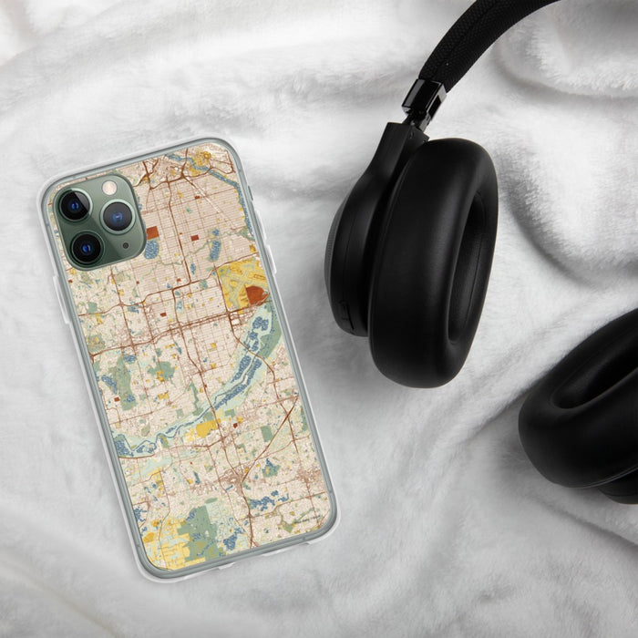 Custom Bloomington Minnesota Map Phone Case in Woodblock on Table with Black Headphones