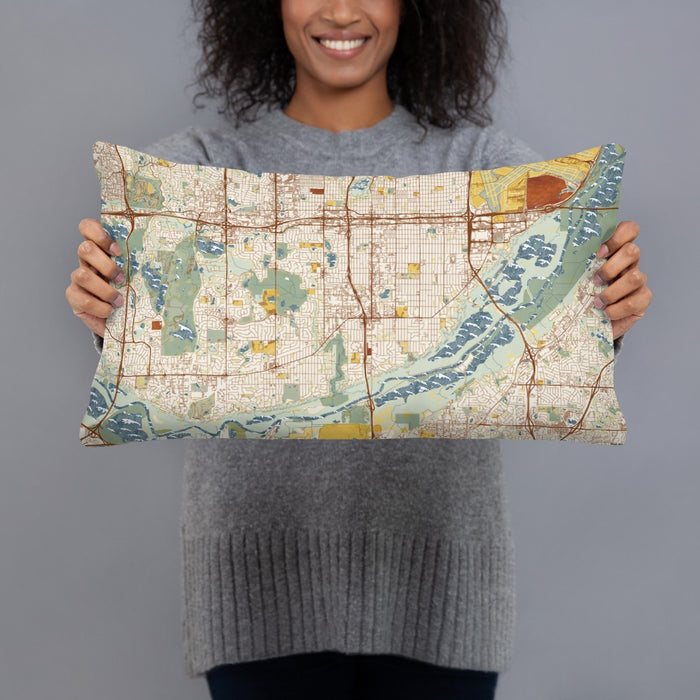Person holding 20x12 Custom Bloomington Minnesota Map Throw Pillow in Woodblock