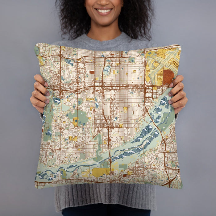Person holding 18x18 Custom Bloomington Minnesota Map Throw Pillow in Woodblock