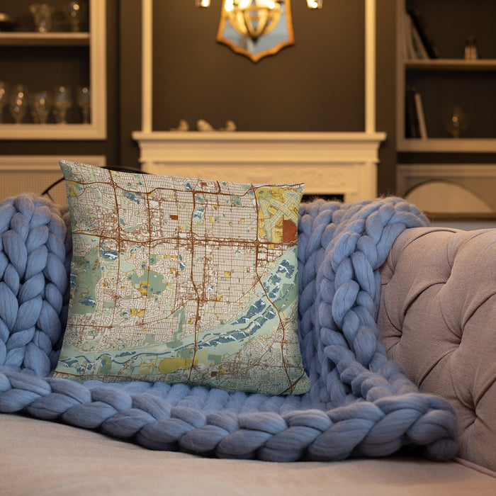 Custom Bloomington Minnesota Map Throw Pillow in Woodblock on Cream Colored Couch