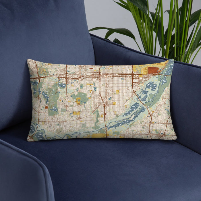 Custom Bloomington Minnesota Map Throw Pillow in Woodblock on Blue Colored Chair