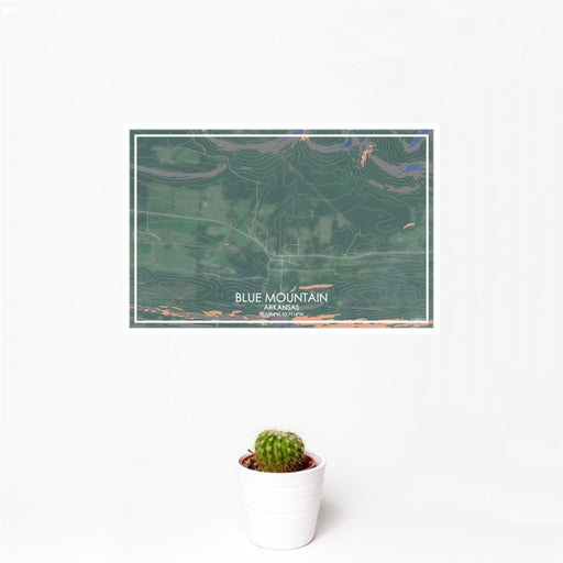 12x18 Blue Mountain Arkansas Map Print Landscape Orientation in Afternoon Style With Small Cactus Plant in White Planter
