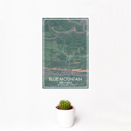 12x18 Blue Mountain Arkansas Map Print Portrait Orientation in Afternoon Style With Small Cactus Plant in White Planter