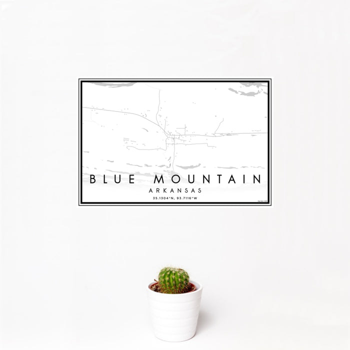 12x18 Blue Mountain Arkansas Map Print Landscape Orientation in Classic Style With Small Cactus Plant in White Planter