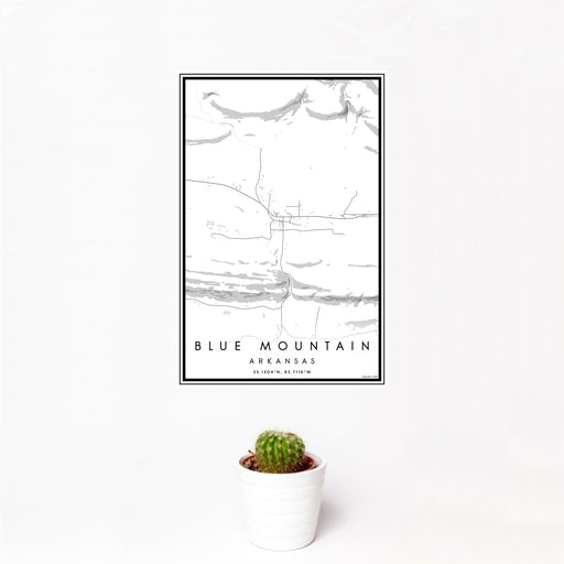 12x18 Blue Mountain Arkansas Map Print Portrait Orientation in Classic Style With Small Cactus Plant in White Planter