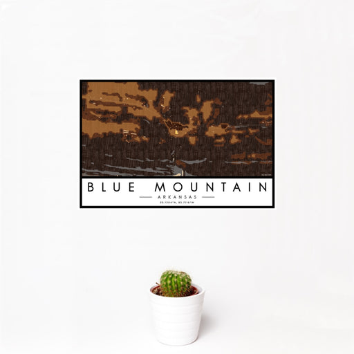 12x18 Blue Mountain Arkansas Map Print Landscape Orientation in Ember Style With Small Cactus Plant in White Planter