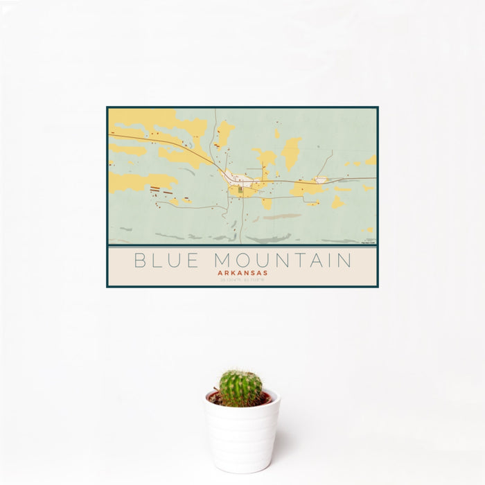 12x18 Blue Mountain Arkansas Map Print Landscape Orientation in Woodblock Style With Small Cactus Plant in White Planter