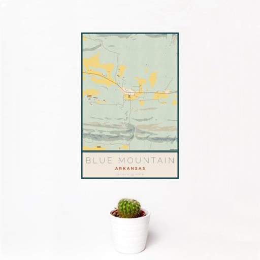 12x18 Blue Mountain Arkansas Map Print Portrait Orientation in Woodblock Style With Small Cactus Plant in White Planter