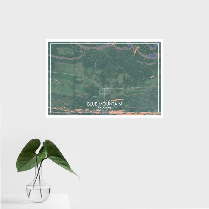 16x24 Blue Mountain Arkansas Map Print Landscape Orientation in Afternoon Style With Tropical Plant Leaves in Water