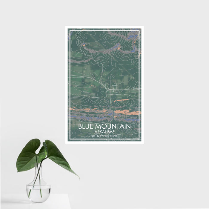 16x24 Blue Mountain Arkansas Map Print Portrait Orientation in Afternoon Style With Tropical Plant Leaves in Water