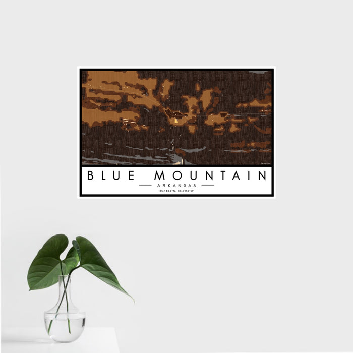 16x24 Blue Mountain Arkansas Map Print Landscape Orientation in Ember Style With Tropical Plant Leaves in Water
