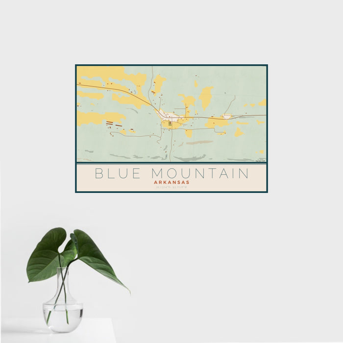 16x24 Blue Mountain Arkansas Map Print Landscape Orientation in Woodblock Style With Tropical Plant Leaves in Water