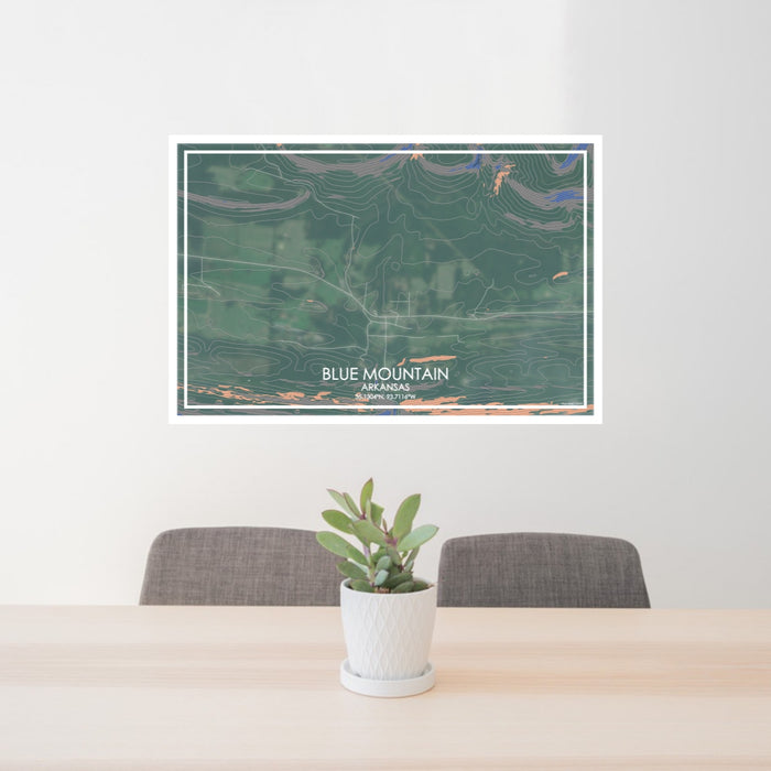 24x36 Blue Mountain Arkansas Map Print Lanscape Orientation in Afternoon Style Behind 2 Chairs Table and Potted Plant
