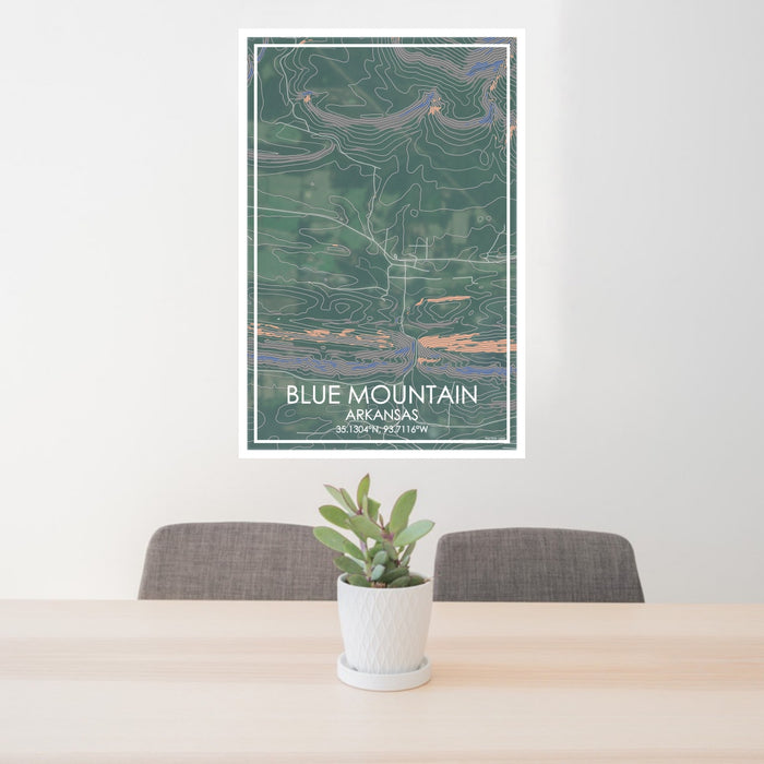 24x36 Blue Mountain Arkansas Map Print Portrait Orientation in Afternoon Style Behind 2 Chairs Table and Potted Plant