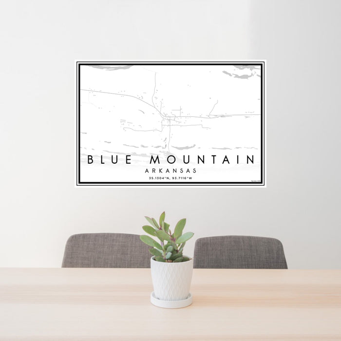 24x36 Blue Mountain Arkansas Map Print Lanscape Orientation in Classic Style Behind 2 Chairs Table and Potted Plant