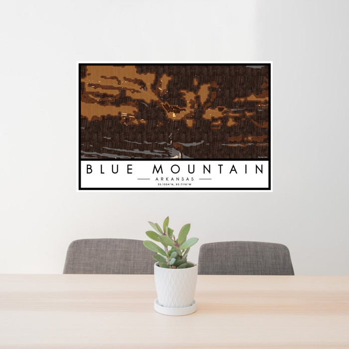 24x36 Blue Mountain Arkansas Map Print Lanscape Orientation in Ember Style Behind 2 Chairs Table and Potted Plant