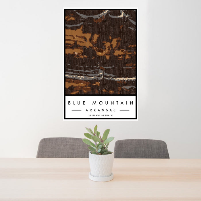 24x36 Blue Mountain Arkansas Map Print Portrait Orientation in Ember Style Behind 2 Chairs Table and Potted Plant