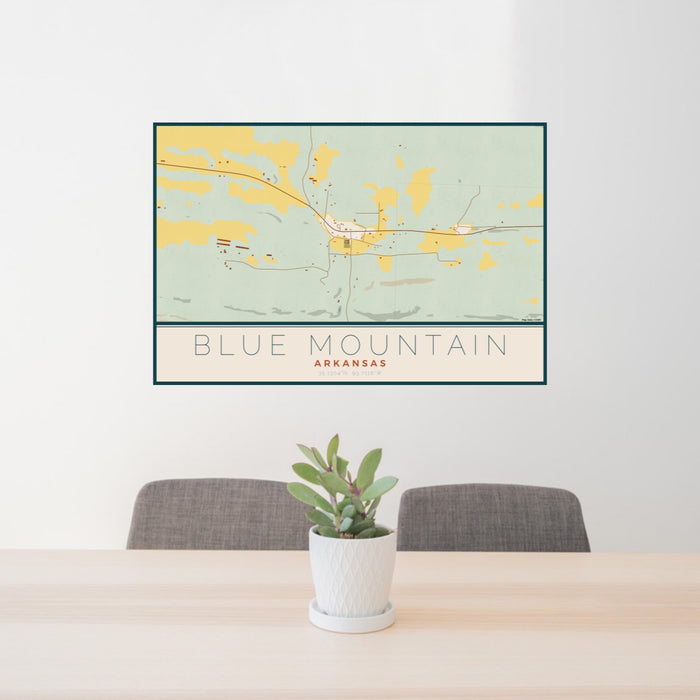 24x36 Blue Mountain Arkansas Map Print Lanscape Orientation in Woodblock Style Behind 2 Chairs Table and Potted Plant