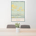 24x36 Blue Mountain Arkansas Map Print Portrait Orientation in Woodblock Style Behind 2 Chairs Table and Potted Plant