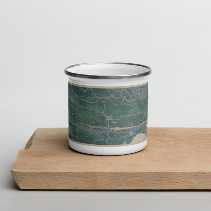 Front View Custom Blue Mountain Arkansas Map Enamel Mug in Afternoon on Cutting Board