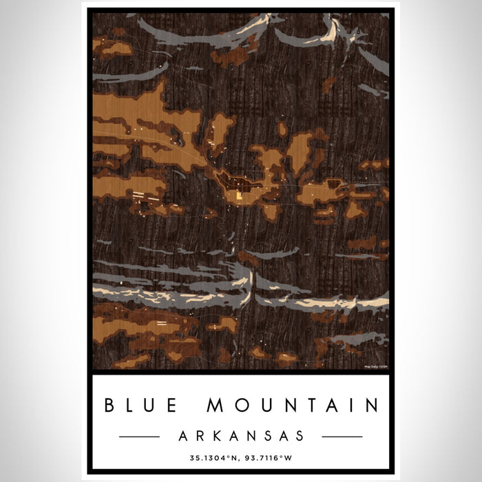Blue Mountain Arkansas Map Print Portrait Orientation in Ember Style With Shaded Background