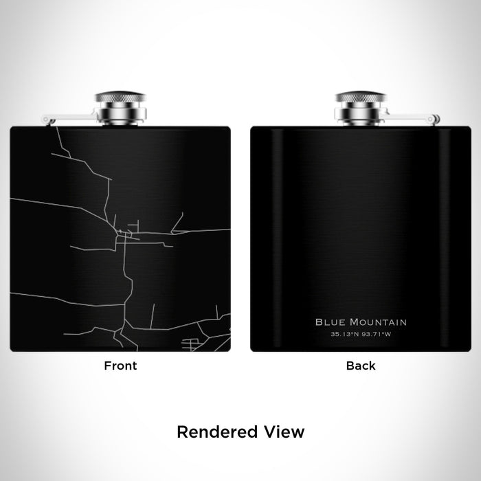 Rendered View of Blue Mountain Arkansas Map Engraving on 6oz Stainless Steel Flask in Black