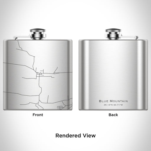 Rendered View of Blue Mountain Arkansas Map Engraving on 6oz Stainless Steel Flask