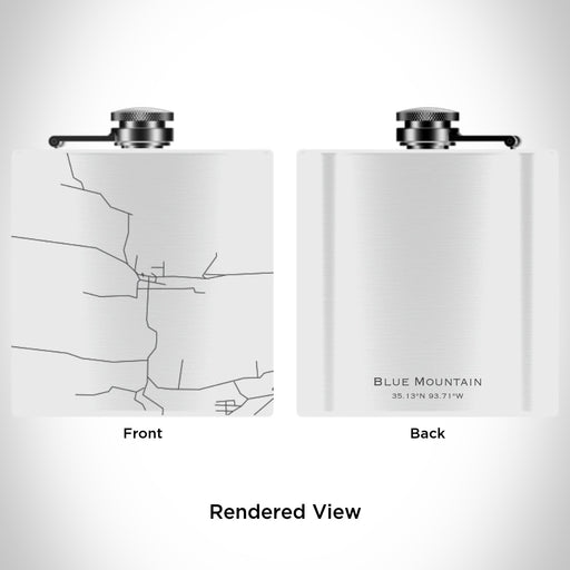 Rendered View of Blue Mountain Arkansas Map Engraving on 6oz Stainless Steel Flask in White